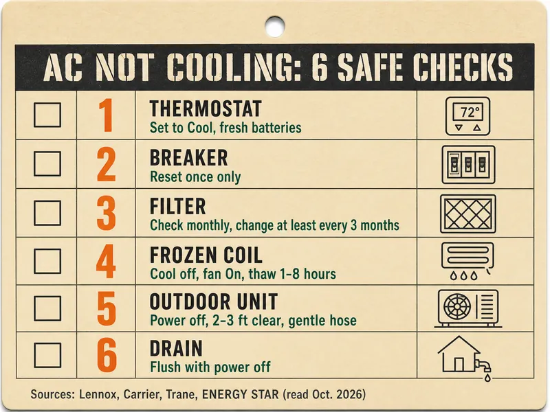 Manila job-ticket card titled AC NOT COOLING: 6 SAFE CHECKS, six rows with empty checkboxes and orange numerals: 1 Thermostat, set to Cool, fresh batteries (icon reads 72°); 2 Breaker, reset once only; 3 Filter, check monthly, change at least every 3 months; 4 Frozen coil, Cool off, fan On, thaw 1–8 hours; 5 Outdoor unit, power off, 2–3 ft clear, gentle hose; 6 Drain, flush with power off. Source line: Lennox, Carrier, Trane, ENERGY STAR (read Oct. 2026)