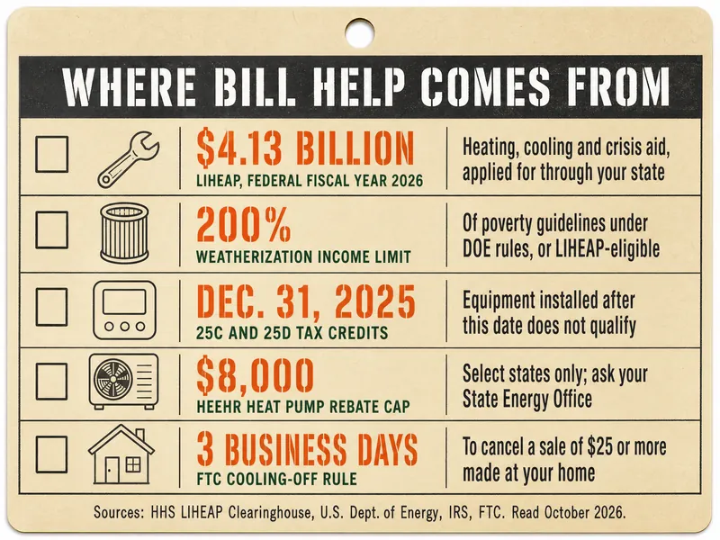 Where bill help comes from job ticket: $4.13 billion for LIHEAP in federal fiscal year 2026, heating, cooling and crisis aid applied for through your state; 200% weatherization income limit of poverty guidelines under DOE rules, or LIHEAP-eligible; Dec. 31, 2025 for the 25C and 25D tax credits, equipment installed after this date does not qualify; $8,000 HEEHR heat pump rebate cap, select states only, ask your State Energy Office; 3 business days under the FTC Cooling-Off Rule to cancel a sale of $25 or more made at your home. Sources: HHS LIHEAP Clearinghouse, U.S. Dept. of Energy, IRS, FTC, read October 2026.