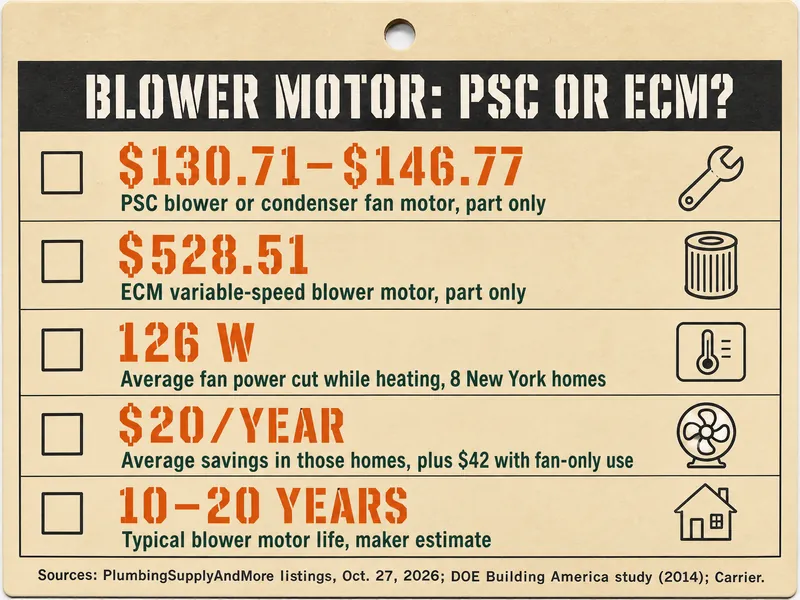 Job-ticket card titled Blower Motor: PSC or ECM?, with five rows: $130.71–$146.77, PSC blower or condenser fan motor, part only; $528.51, ECM variable-speed blower motor, part only; 126 W, average fan power cut while heating, 8 New York homes; $20/year, average savings in those homes, plus $42 with fan-only use; 10–20 years, typical blower motor life, maker estimate. The source line credits PlumbingSupplyAndMore listings, Oct. 27, 2026; DOE Building America study (2014); Carrier