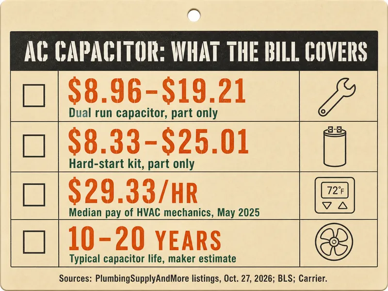 Job-ticket card titled AC Capacitor: What the Bill Covers, with four rows: $8.96–$19.21, dual run capacitor, part only; $8.33–$25.01, hard-start kit, part only; $29.33/hr, median pay of HVAC mechanics, May 2025; 10–20 years, typical capacitor life, maker estimate. Source line: PlumbingSupplyAndMore listings, Oct. 27, 2026; BLS; Carrier