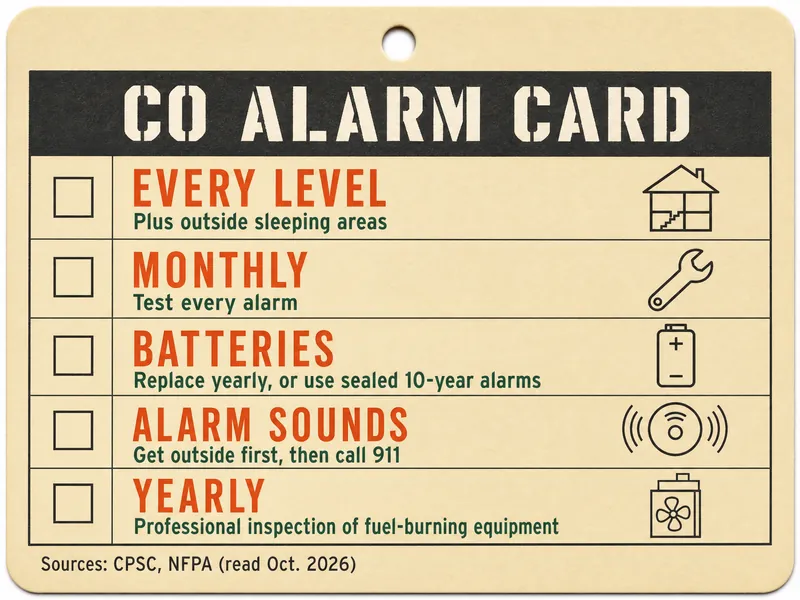 Job-ticket card titled CO ALARM CARD with five rows: every level, plus outside sleeping areas; monthly, test every alarm; batteries, replace yearly or use sealed 10-year alarms; alarm sounds, get outside first, then call 911; yearly, professional inspection of fuel-burning equipment. Source line: CPSC, NFPA (read Oct. 2026)