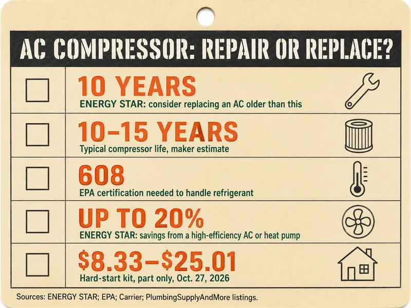 Job-ticket card titled AC Compressor: Repair or Replace?, with five rows: 10 years, ENERGY STAR: consider replacing an AC older than this; 10–15 years, typical compressor life, maker estimate; 608, EPA certification needed to handle refrigerant; up to 20%, ENERGY STAR: savings from a high-efficiency AC or heat pump; $8.33–$25.01, hard-start kit, part only, Oct. 27, 2026. Source line: ENERGY STAR; EPA; Carrier; PlumbingSupplyAndMore listings