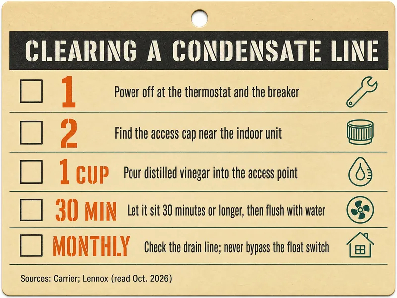 Job-ticket card titled Clearing a Condensate Line with five rows: 1, power off at the thermostat and the breaker; 2, find the access cap near the indoor unit; 1 cup, pour distilled vinegar into the access point; 30 min, let it sit 30 minutes or longer, then flush with water; Monthly, check the drain line; never bypass the float switch. Source line: Carrier; Lennox, read Oct. 2026