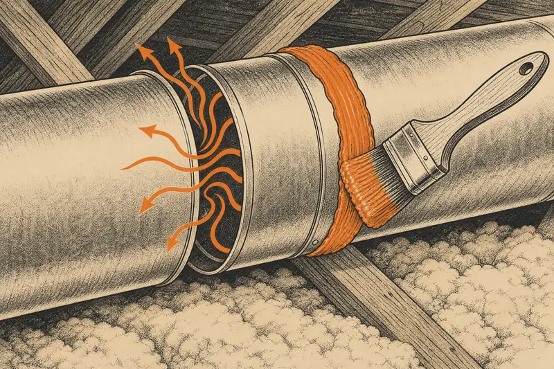 Drawing of a round metal duct running over attic joists, orange arrows of air escaping from an open joint while a paintbrush coats the next seam with orange mastic