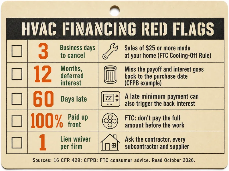 Job-ticket card titled HVAC financing red flags, with five rows: 3, business days to cancel, sales of $25 or more made at your home (FTC Cooling-Off Rule); 12, months, deferred interest, miss the payoff and interest goes back to the purchase date (CFPB example); 60, days late, a late minimum payment can also trigger the back interest; 100%, paid up front, FTC: don't pay the full amount before the work; 1, lien waiver per firm, ask the contractor, every subcontractor and supplier. Source line: 16 CFR 429; CFPB; FTC consumer advice; read October 2026.