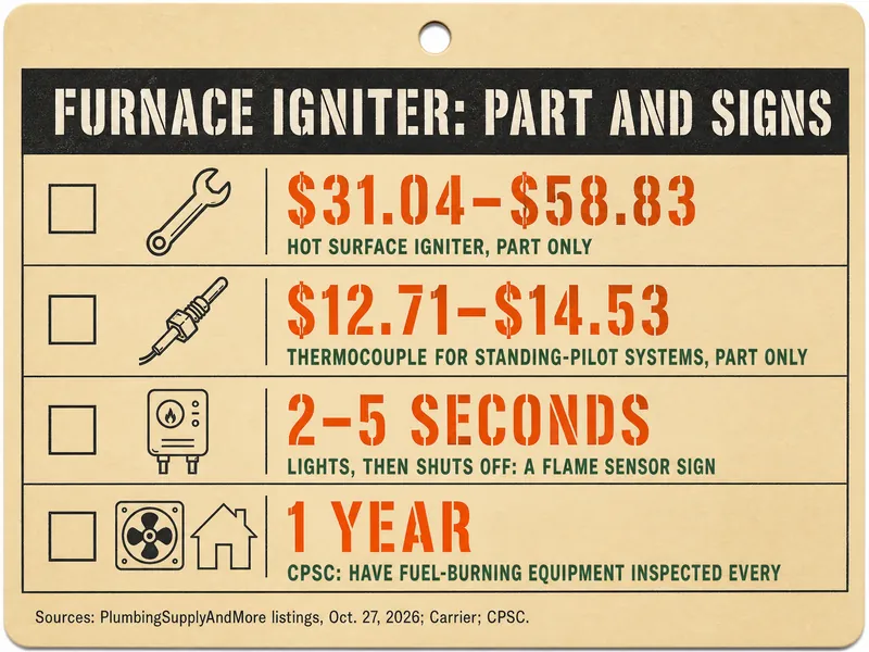 Job-ticket card titled Furnace Igniter: Part and Signs, with four rows: $31.04–$58.83, hot surface igniter, part only; $12.71–$14.53, thermocouple for standing-pilot systems, part only; 2–5 seconds, lights, then shuts off: a flame sensor sign; 1 year, CPSC: have fuel-burning equipment inspected every. Source line: PlumbingSupplyAndMore listings, Oct. 27, 2026; Carrier; CPSC