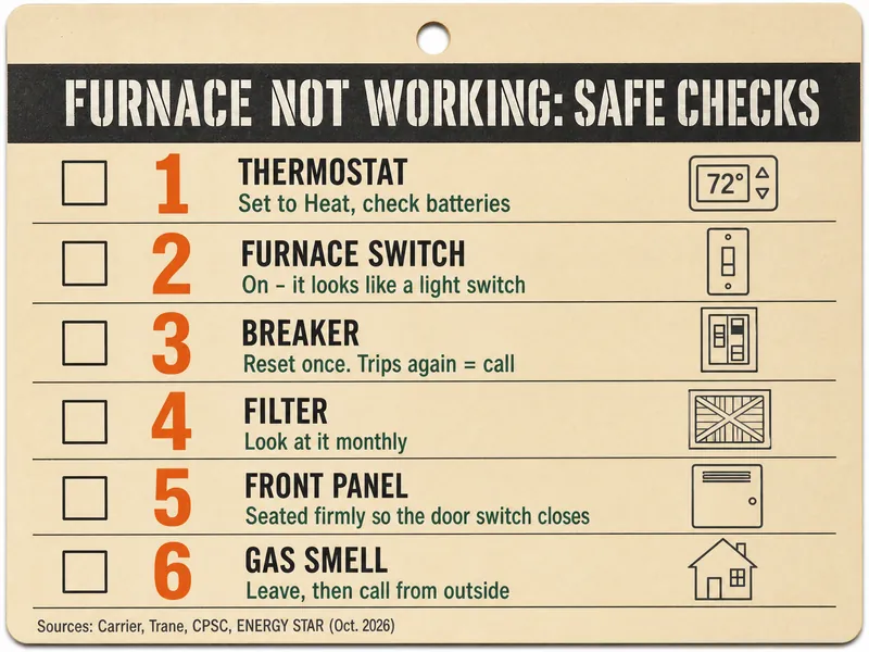 Work-order card headed FURNACE NOT WORKING: SAFE CHECKS, six rows with empty tick boxes: 1 Thermostat, set to Heat, check batteries (icon reads 72°); 2 Furnace switch, on, it looks like a light switch; 3 Breaker, reset once, trips again means call; 4 Filter, look at it monthly; 5 Front panel, seated firmly so the door switch closes; 6 Gas smell, leave, then call from outside. Bottom line credits Carrier, Trane, CPSC and ENERGY STAR (Oct. 2026)