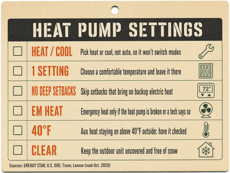 Job-ticket card titled Heat Pump Settings with six rows: Heat / Cool, pick heat or cool, not auto, so it won't switch modes; 1 setting, choose a comfortable temperature and leave it there; No deep setbacks, skip setbacks that bring on backup electric heat, beside a thermostat icon reading 72°; Em heat, emergency heat only if the heat pump is broken or a tech says so; 40°F, aux heat staying on above 40°F outside: have it checked; Clear, keep the outdoor unit uncovered and free of snow. Source line: ENERGY STAR; U.S. DOE; Trane; Lennox, read Oct. 2026
