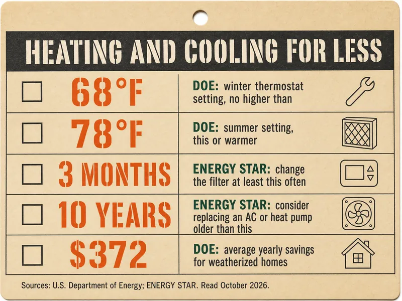 Job-ticket card titled Heating and Cooling for Less, with five rows: 68°F, DOE: winter thermostat setting, no higher than; 78°F, DOE: summer setting, this or warmer; 3 months, ENERGY STAR: change the filter at least this often; 10 years, ENERGY STAR: consider replacing an AC or heat pump older than this; $372, DOE: average yearly savings for weatherized homes. Source line: U.S. Department of Energy; ENERGY STAR, read October 2026