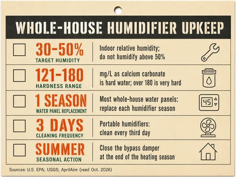 Job-ticket card titled Whole-House Humidifier Upkeep with five rows: 30-50%, target humidity, indoor relative humidity, do not humidify above 50%; 121-180, hardness range, mg/L as calcium carbonate is hard water, over 180 is very hard; 1 season, water panel replacement, most whole-house water panels: replace each humidifier season, beside a control icon reading 45; 3 days, cleaning frequency, portable humidifiers: clean every third day; Summer, seasonal action, close the bypass damper at the end of the heating season. Source line: U.S. EPA; USGS; AprilAire, read Oct. 2026