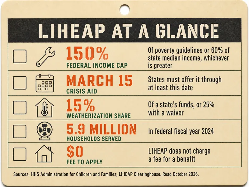 LIHEAP at a glance job ticket: 150% federal income cap, of poverty guidelines or 60% of state median income, whichever is greater; March 15, crisis aid offered through at least this date; 15% weatherization share of a state's funds, or 25% with a waiver; 5.9 million households served in federal fiscal year 2024; $0 fee to apply, LIHEAP does not charge a fee for a benefit. Sources: HHS Administration for Children and Families; LIHEAP Clearinghouse, read October 2026.