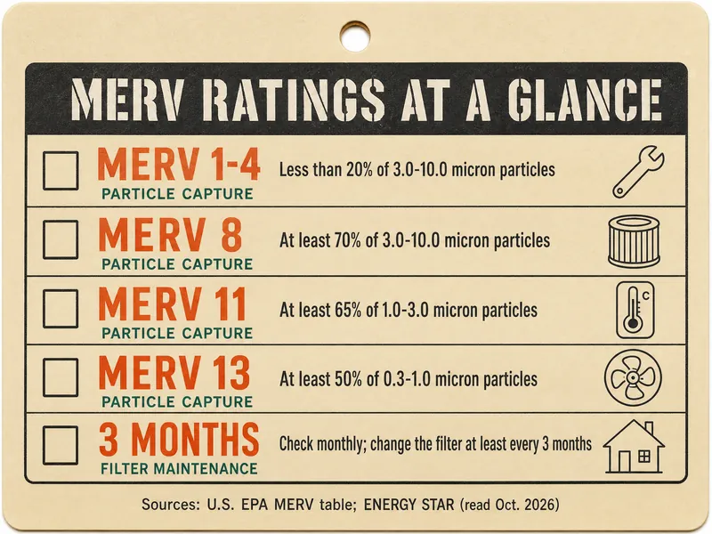 Job-ticket card titled MERV Ratings at a Glance with five rows: MERV 1-4, particle capture, less than 20% of 3.0-10.0 micron particles; MERV 8, particle capture, at least 70% of 3.0-10.0 micron particles; MERV 11, particle capture, at least 65% of 1.0-3.0 micron particles; MERV 13, particle capture, at least 50% of 0.3-1.0 micron particles; 3 months, filter maintenance, check monthly and change the filter at least every 3 months. Source line: U.S. EPA MERV table; ENERGY STAR, read Oct. 2026