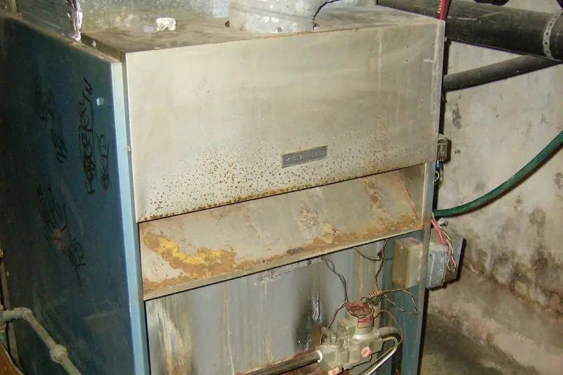 Front of an old gas furnace with the access panel removed, rust running in streaks down the metal cabinet