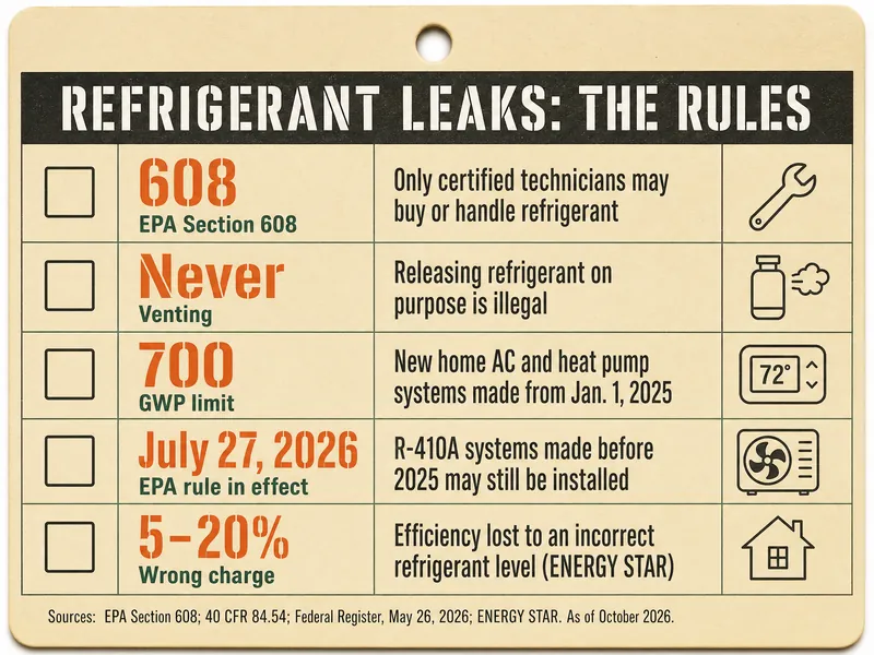 Job-ticket card titled Refrigerant leaks: the rules, with five rows: 608, EPA Section 608, only certified technicians may buy or handle refrigerant; Never, venting, releasing refrigerant on purpose is illegal; 700, GWP limit, new home AC and heat pump systems made from Jan. 1, 2025; July 27, 2026, EPA rule in effect, R-410A systems made before 2025 may still be installed; 5–20%, wrong charge, efficiency lost to an incorrect refrigerant level (ENERGY STAR). Source line: EPA Section 608; 40 CFR 84.54; Federal Register, May 26, 2026; ENERGY STAR; as of October 2026.