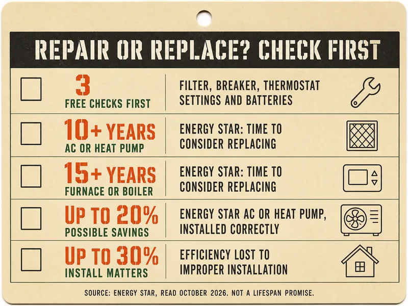 Job-ticket card titled Repair or replace? Check first, with five rows: 3, free checks first, filter, breaker, thermostat settings and batteries; 10+ years, AC or heat pump, ENERGY STAR: time to consider replacing; 15+ years, furnace or boiler, ENERGY STAR: time to consider replacing; up to 20%, possible savings, ENERGY STAR AC or heat pump installed correctly; up to 30%, install matters, efficiency lost to improper installation. Source line: ENERGY STAR, read October 2026, not a lifespan promise.