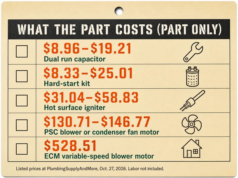 Job-ticket card headed What the Part Costs (Part Only). Five rows, each label after its price: dual run capacitor $8.96–$19.21; hard-start kit $8.33–$25.01; hot surface igniter $31.04–$58.83; PSC blower or condenser fan motor $130.71–$146.77; ECM variable-speed blower motor $528.51. Bottom line reads: Listed prices at PlumbingSupplyAndMore, Oct. 27, 2026. Labor not included