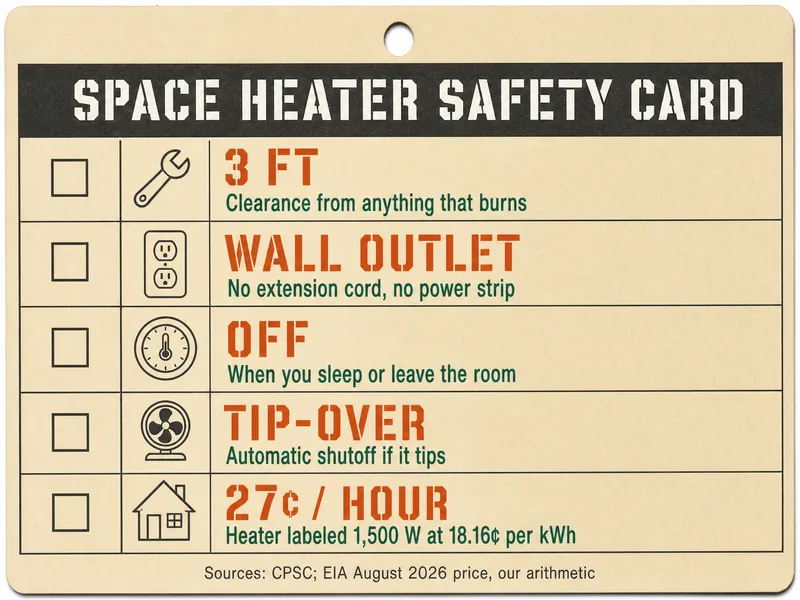 Job-ticket card titled SPACE HEATER SAFETY CARD with five rows: 3 ft, clearance from anything that burns; wall outlet, no extension cord, no power strip; off when you sleep or leave the room; tip-over, automatic shutoff if it tips; 27¢ an hour, heater labeled 1,500 W at 18.16¢ per kWh. Source line: CPSC; EIA August 2026 price, our arithmetic