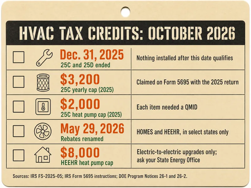Job-ticket card titled HVAC tax credits: October 2026, with five rows: Dec. 31, 2025, 25C and 25D ended, nothing installed after this date qualifies; $3,200, 25C yearly cap (2025), claimed on Form 5695 with the 2025 return; $2,000, 25C heat pump cap (2025), each item needed a QMID; May 29, 2026, rebates renamed, HOMES and HEEHR, in select states only; $8,000, HEEHR heat pump cap, electric-to-electric upgrades only, ask your State Energy Office. Source line: IRS FS-2025-05; IRS Form 5695 instructions; DOE Program Notices 26-1 and 26-2.