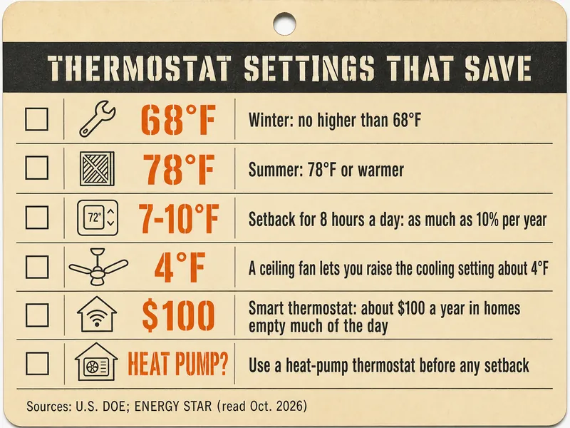 Job-ticket card titled Thermostat Settings That Save with six rows: 68°F, winter, no higher than 68°F; 78°F, summer, 78°F or warmer; 7-10°F, setback for 8 hours a day, as much as 10% per year, beside a thermostat icon reading 72°; 4°F, a ceiling fan lets you raise the cooling setting about 4°F; $100, smart thermostat, about $100 a year in homes empty much of the day; Heat pump?, use a heat-pump thermostat before any setback. Source line: U.S. DOE; ENERGY STAR, read Oct. 2026