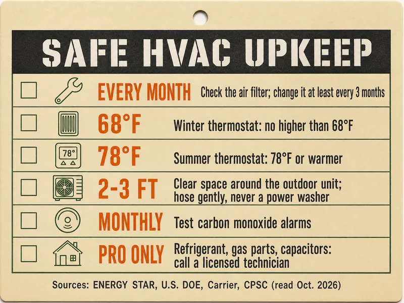 Job-ticket card titled Safe HVAC Upkeep with six rows: Every month, check the air filter, change it at least every 3 months; 68°F, the winter thermostat row, no higher than 68°F; 78°F, the summer thermostat row, 78°F or warmer; 2-3 ft, clear space around the outdoor unit, hose gently, never a power washer; Monthly, test carbon monoxide alarms; Pro only, refrigerant, gas parts, capacitors: call a licensed technician. Source line: ENERGY STAR, U.S. DOE, Carrier, CPSC, read Oct. 2026