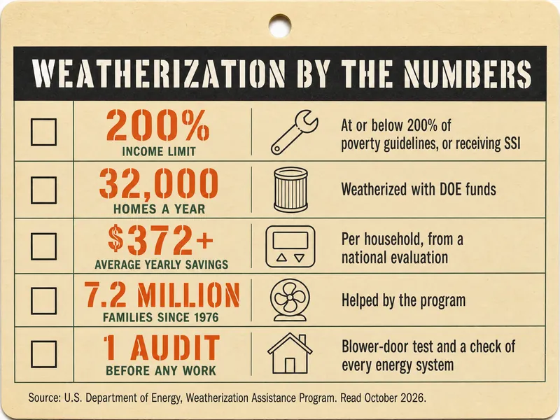 Weatherization by the numbers job ticket: 200% income limit, at or below 200% of poverty guidelines or receiving SSI; 32,000 homes a year weatherized with DOE funds; $372+ average yearly savings per household from a national evaluation; 7.2 million families since 1976 helped by the program; 1 audit before any work, a blower-door test and a check of every energy system. Source: U.S. Department of Energy, Weatherization Assistance Program, read October 2026.