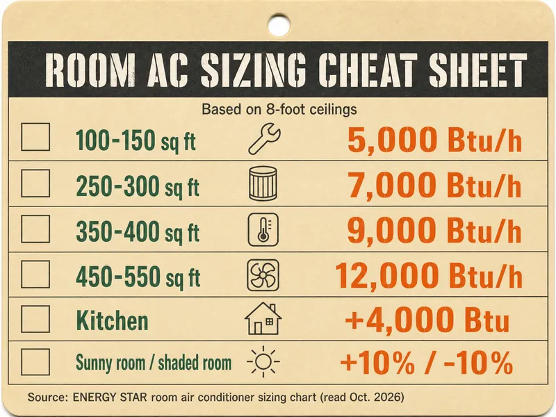 Job-ticket card titled ROOM AC SIZING CHEAT SHEET, based on 8-foot ceilings, six rows: 100–150 sq ft, 5,000 Btu/h; 250–300 sq ft, 7,000 Btu/h; 350–400 sq ft, 9,000 Btu/h; 450–550 sq ft, 12,000 Btu/h; kitchen, plus 4,000 Btu; sunny room plus 10%, shaded room minus 10%. Source line: ENERGY STAR room air conditioner sizing chart (read Oct. 2026)